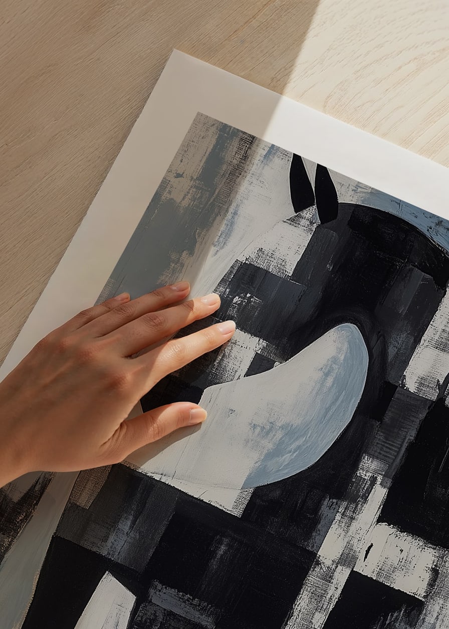 A black and white horse in an abstract landscape of blue and white hues-12